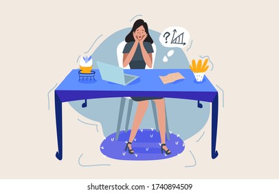 Hard worker, office woman is in a stressful situation, sitting behind the desk and trying to solve the problems. The measure of a deadline, making hard decisions. Colorful vector flat illustration.