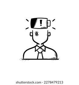 Hard worker professional burnout. Depression and exhausted. Deadline. Low battery person vector line icon illustration