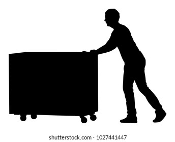 Hard worker pushing wheelbarrow and carry big box vector silhouette illustration isolated on white background. Delivery man moving package by cart. Service moving transport. Warehouse job activity.