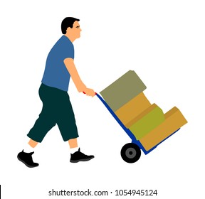 Hard worker pushing wheelbarrow and carry big box vector illustration isolated on white background. Delivery man moving package  by cart. Service moving transport. Warehouse job activity. Distribution