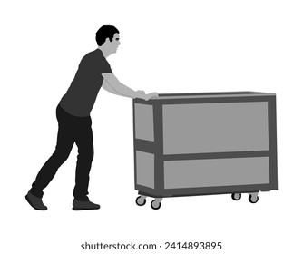 Hard worker pushing wheelbarrow and carry big box vector illustration isolated on white background. Delivery man moving package  by cart. Service moving transport. Warehouse job activity. Laborer work