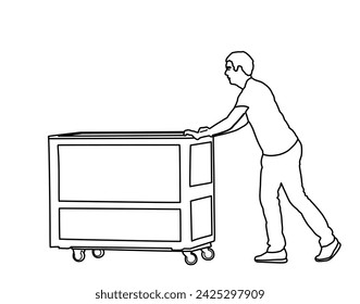 Hard worker pushing wheelbarrow carry box line contour vector illustration isolated on white. Delivery man moving package  by cart. Service moving transport. Warehouse job activity. Laborer work