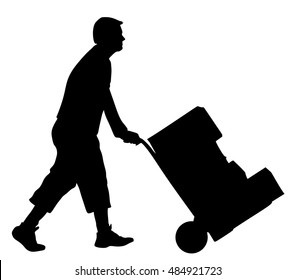 Hard worker pushing wheelbarrow and carry big box vector silhouette isolated on white background. Delivery man moving package  by cart. Service moving transport. Warehouse job activity. Distribution