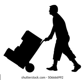 Hard worker pushing wheelbarrow and carry big box vector silhouette isolated on white background. Delivery man moving package  by cart. Service moving transport. Warehouse job activity. Distribution