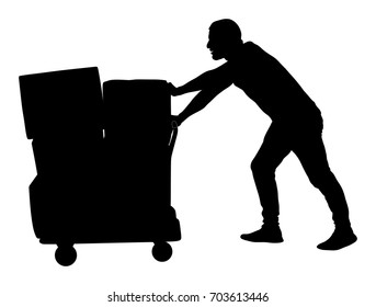 Hard worker pushing wheelbarrow and carry big box vector silhouette illustration isolated on white background. Delivery man moving package  by cart. Service moving transport. Warehouse job activity.