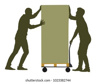 Hard workers pushing wheelbarrow and carry big box vector silhouette isolated on white. Delivery man moving package by cart. Service moving transport. Warehouse job activity.  Looting bailiff laborers