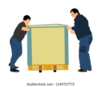 Hard workers pushing wheelbarrow and carry big box vector illustration isolated on white background. Delivery man moving package  by cart. Service moving transport. Warehouse job activity.