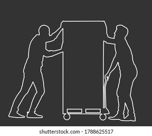 Hard workers pushing wheelbarrow and carry big box vector line isolated on black. Delivery man moving package by cart. Service moving transport. Warehouse job activity. Looting bailiff laborer