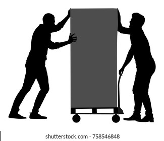 Hard Workers Pushing Wheelbarrow And Carry Big Box Vector Silhouette Isolated On White. Delivery Man Moving Package By Cart. Service Moving Transport. Warehouse Job Activity.  Looting Bailiff Laborers