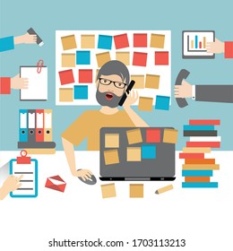 Hard working business man. Worksplace flat vector illustration.