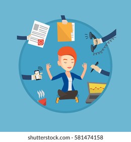 Hard working business woman. Young business woman surrounded by many hands that give her a lot of work. Concept of hard working. Vector flat design illustration in the circle isolated on background.