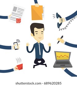 Hard working businessman meditating in lotus pose. Businessman surrounded by hands that give him a lot of work. Concept of hard working. Vector flat design illustration isolated on white background.
