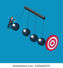 Hard working businessman pushes newtons cradle until it reaches his goal target isometric 3d vector illustration concept for banner, website, illustration, landing page, flyer, etc