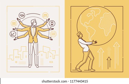 Hard working businessman - set of line design style illustrations on white and yellow background. Banners with businessman, manager, employee juggling tasks and carrying a globe. Multitasking concept