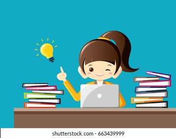 Hard working businesswoman gets an idea with light bulb at office desk with a lot of work.Business Concept-Vector Illustration