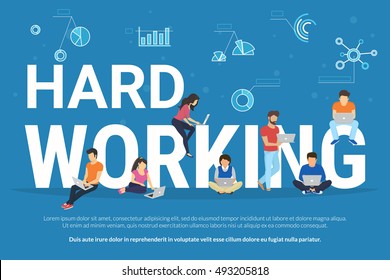 Hard working concept illustration of young people using gadgets such as laptop, tablet pc and smartphone for hard developing the project. Flat design of business background with infographic symbols