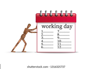  hard working day concept, office worker marionette pushing the red organizer with long timetable, vector