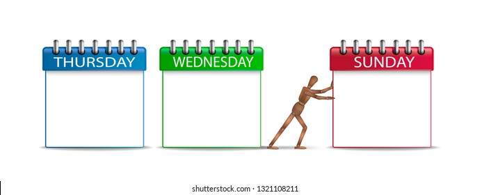 hard working day concept, office worker marionette pushing the day organizer with working day schedule, vector