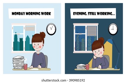 Hard working day of one beautiful girl. from morning to late evening