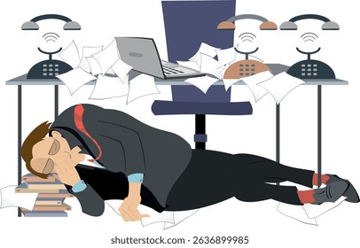 Hard working day. Tired businessman.
Rest on the business place. Tired businessman sleeping under the table putting his head on the papers. Ringing telephones
