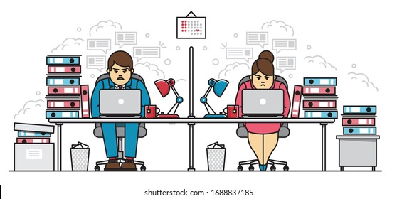 Hard working employees, man and woman, in office character business flat line vector illustration concept. Coworkers sitting nonstop with laptop at desk littered with bunch of document folders