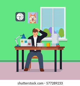 Hard Working man in office banner in flat style. Character doing hard work. Time management and workflow management. People in action.  More paperwork Vector illustration