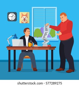 Hard Working man in office banner in flat style.Business situation. People in action. Computer, table, books, clock. Stock design elements. Time management and workflow management. Vector illustration