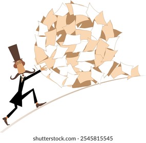 Hard working man in the top hat concept. 
Pile, ball of papers. Businessman pulling a big ball of papers. Isolated on white background
