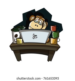 Hard working monkey character vector illustration. Late night work