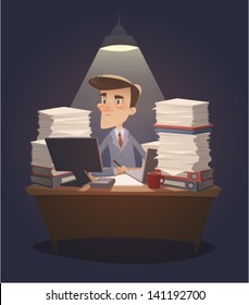 Hard Working Night In Office. Retro Style Vector Illustration