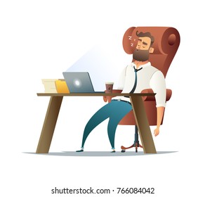 Hard working night in office. Retro style vector illustration
