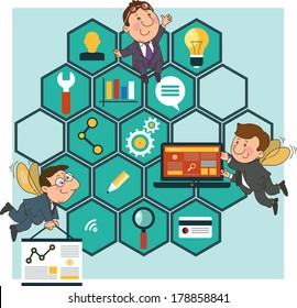 Hard Working people cartoon icons SEO optimization concept on the background of the honeycomb structure.
