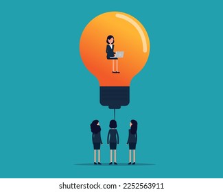 Hard working person inside of the light bulb. Generating ideas and developing vector style