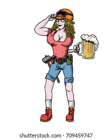 Hard working woman with beer hand drawn image. Original colorful artwork, comic childish style drawing.