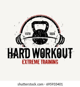 Hard Workout - Vector Illustration. A grunge style logo featuring a kettlebell and a barbell.