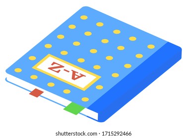 Hardback dictionary with colorful bookmarks isolated on white background. Blue textbook with yellow dots with alphabet letters A-Z on cover. Back to school concept isometric vector illustration