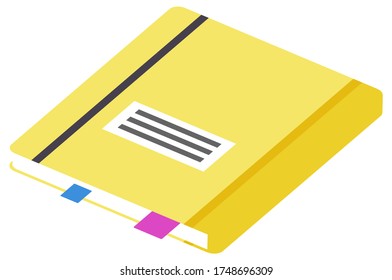 Hardback dictionary with colorful bookmarks isolated on white background. Yellow textbook cover. Back to school concept isometric vector illustration