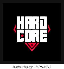 Hardcore: Extreme Workout or Fitness Brand Logo. Bold Typography Meets Edgy Design. Strength and Intensity Conveyed Through Striking Red and White on Black.