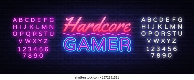 Hardcore Gamer Neon Text Vector. Gaming neon sign, design template, modern trend design, night signboard, night bright advertising, light banner, light art. Vector. Editing text neon sign