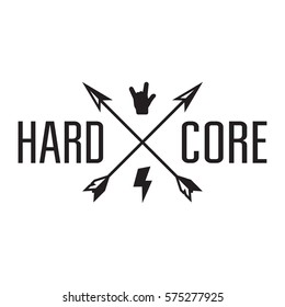 Hardcore music badge/Label. For signage, prints and stamps with arrows, rock hand and lightning bolt
