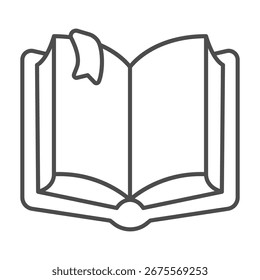 Hardcover book with bookmark thin line icon, book festival concept. Vector graphics. Opened textbook for reading sign on white background, outline style icon for mobile or web design