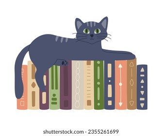 Hardcover-Bücher mit unterschiedlichen Mustern stehen in einer Reihe. Cute Katze, die auf Büchern liegt. Heimbibliothek für Lesefans. Flache Cartoon, Vektorgrafik einzeln auf weißem Hintergrund.