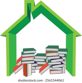 Hardcover books filling a house shape illustrating home library or education concept