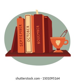 Hardcover books standing on a shelf with a cup of tea, reading club, bookstore, book blog logo template, vector illustration on white background. Fall, autumn reading club logo with books and tea cup