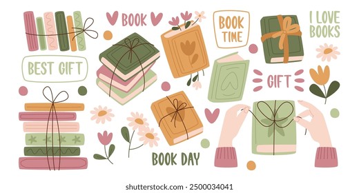 Hardcover paper books stacks tied with twine as best gift for birthday or holiday set. Flat cartoon literature publication for present with floral design vector illustration. Bookshop assortment