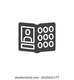 Icono de Vector de anuario de tapa dura. cartel plano lleno para concepto móvil y Diseño web. Icono de glifo de anuario de clase. Símbolo de álbum escolar, ilustración de logotipo. Gráficos de Vector