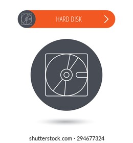 Harddisk icon. Hard drive storage sign. Gray flat circle button. Orange button with arrow. Vector