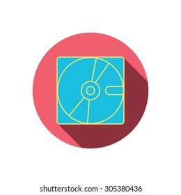 Harddisk icon. Hard drive storage sign. Red flat circle button. Linear icon with shadow. Vector