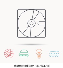Harddisk icon. Hard drive storage sign. Global connect network, ocean wave and burger icons. Lightbulb lamp symbol.