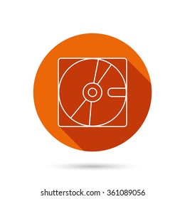 Harddisk icon. Hard drive storage sign. Round orange web button with shadow.